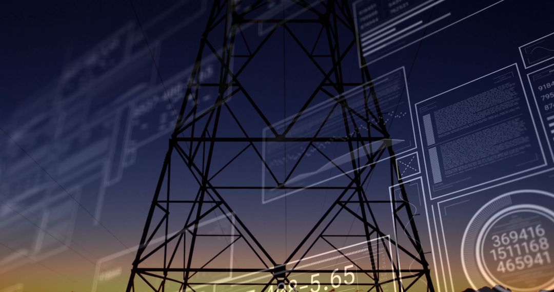 Electric Transmission Tower with Digital Interface at Twilight