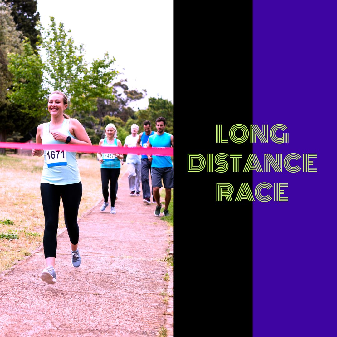 Female Runner Winning Long Distance Race with Group Celebrating