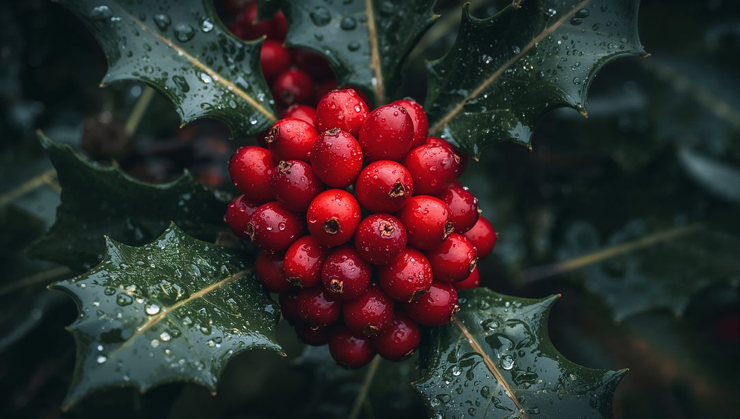 Glistening Cluster of Red Holly Berries with Rain Droplets on Glossy Spiny Leaves for Holiday