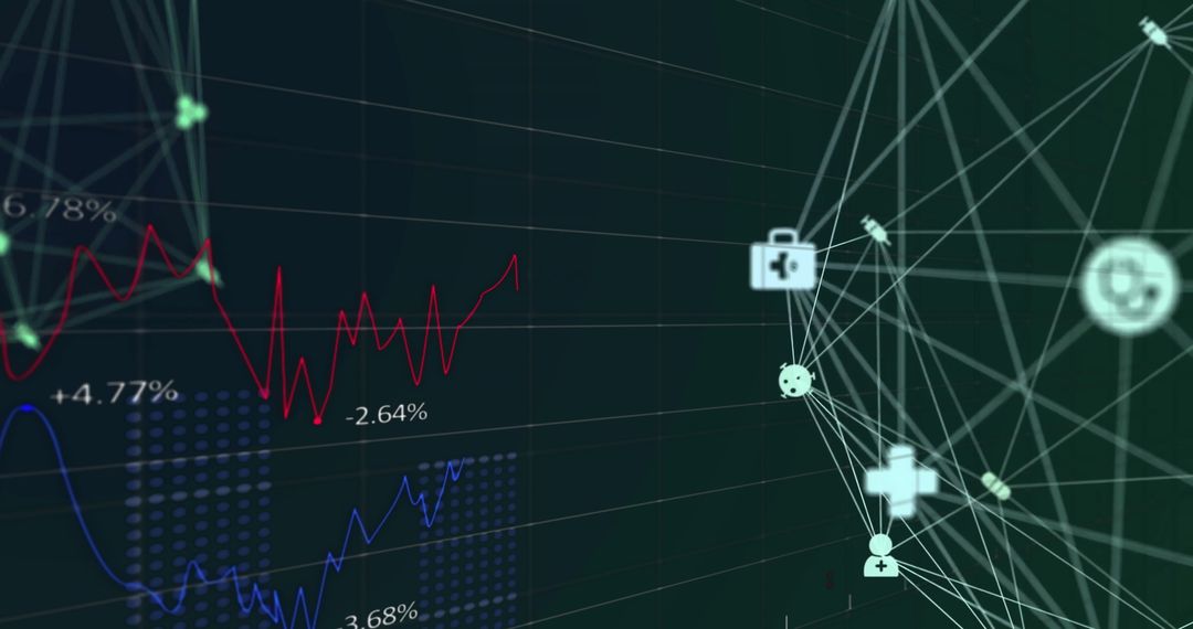 Digital network interface with data visualizations and icons