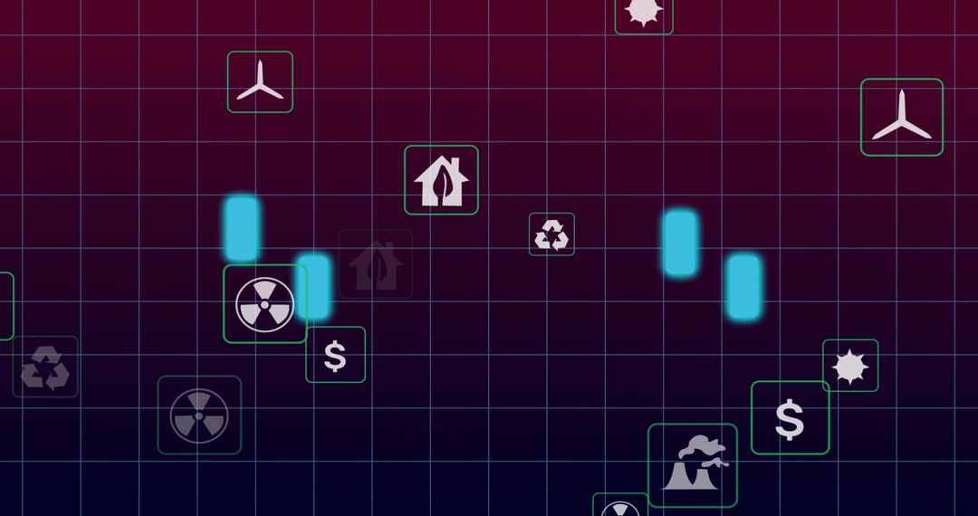 Displaying neon energy dashboard with glowing cyan bars and teal renewable icons