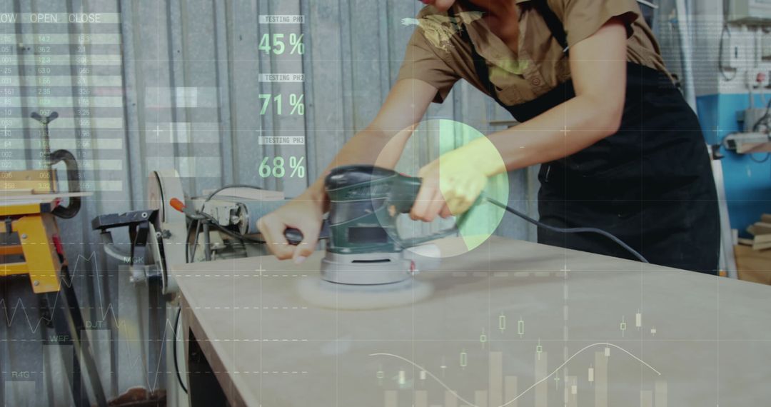 Female Carpenter Shaping Wood in High-Tech Workshop with Data Overlay
