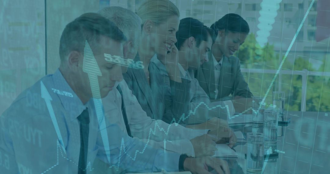 Business Team in Meeting with Financial Data Overlay