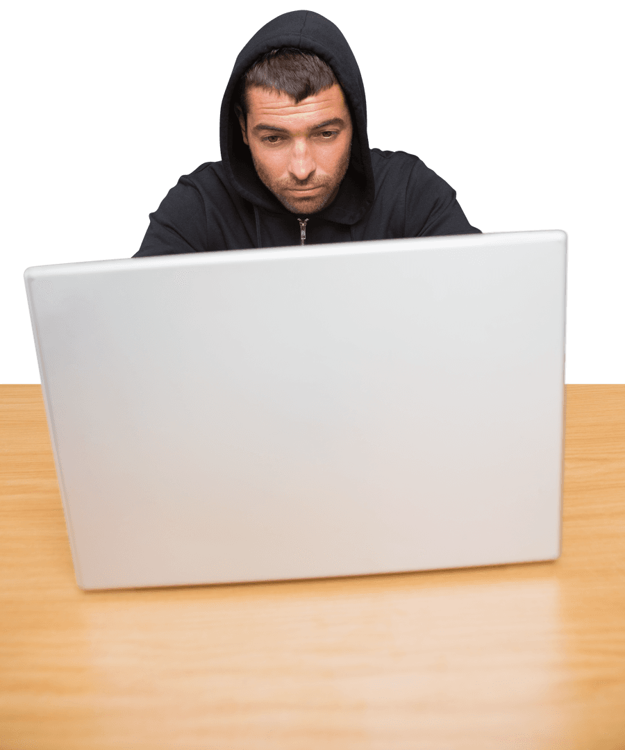 Cybercriminal in Black Hooded Jacket Typing on Laptop with Transparent Background