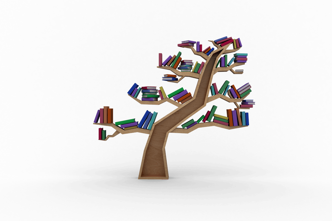 Transparent Tree Shape with Books Symbolizing Knowledge and Growth