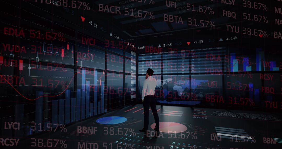 Businessman Analyzing Stock Data on Digital Screens in Trading Room