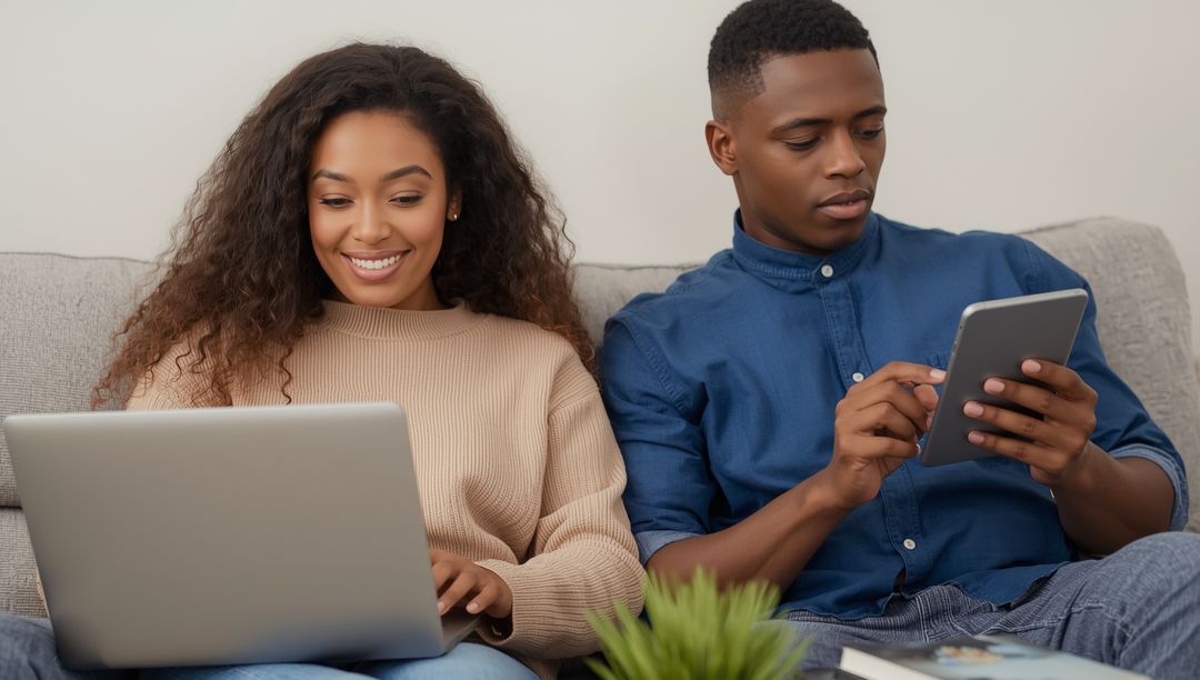 Joyful Couple Using Laptop and Tablet on Sophisticated Sofa