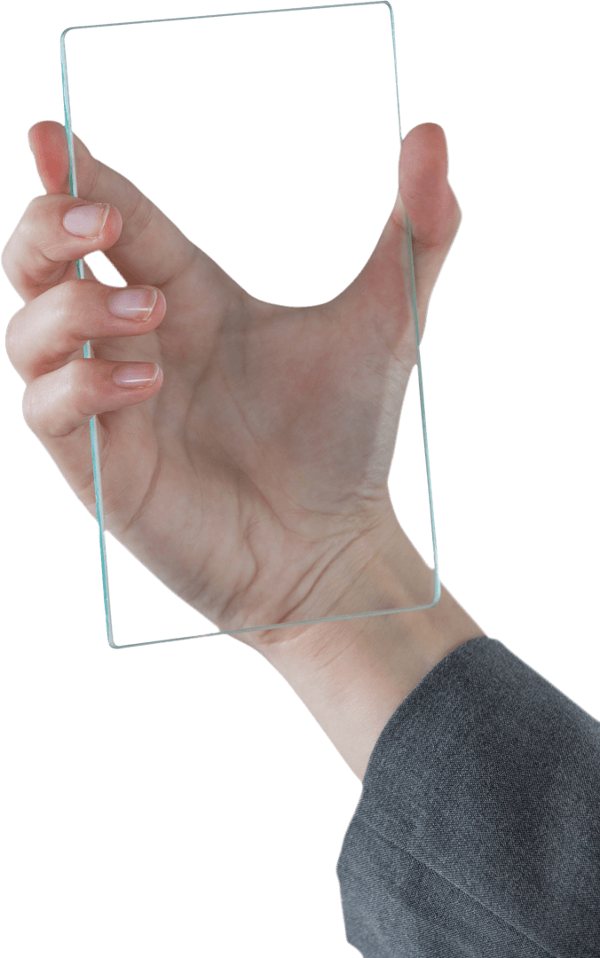 Hand Holding Transparent Virtual Glass Phone in Beige Suit