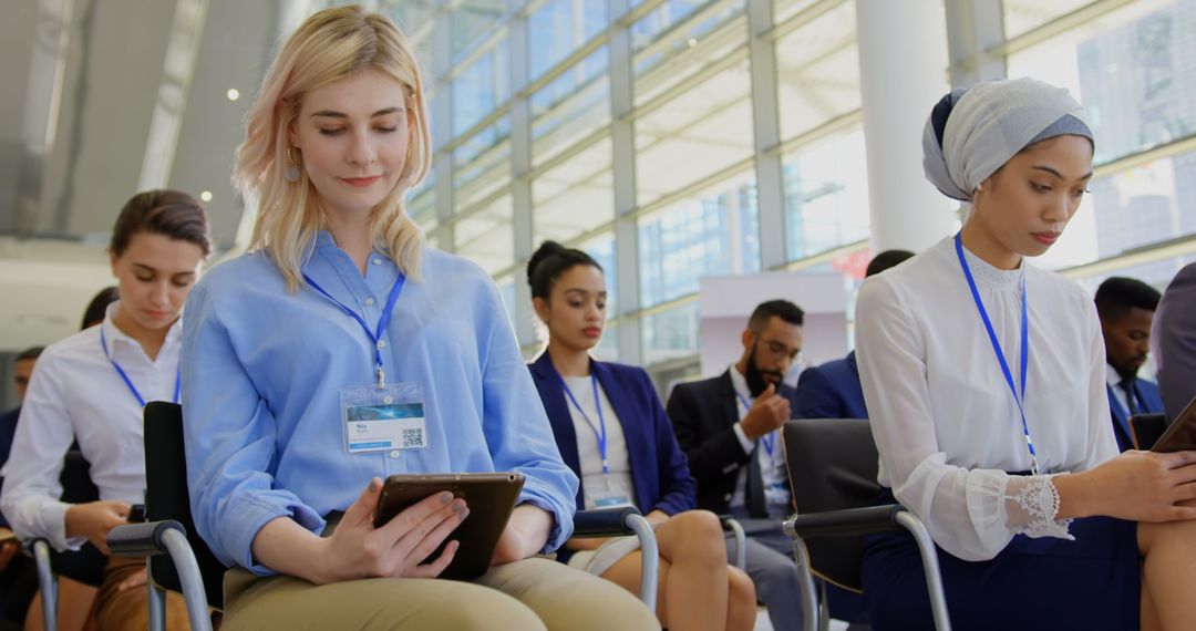 Diverse Business Professionals Engaging with Tablets in Seminar