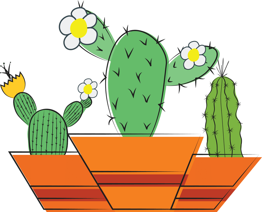 Bright Cacti Trio in Decorative Pots on Transparent Background