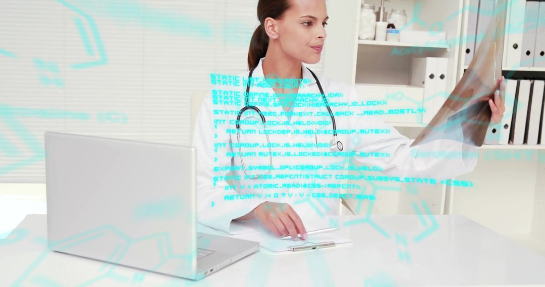 Female Doctor Analyzing X-Ray with Data Overlay in Modern Office