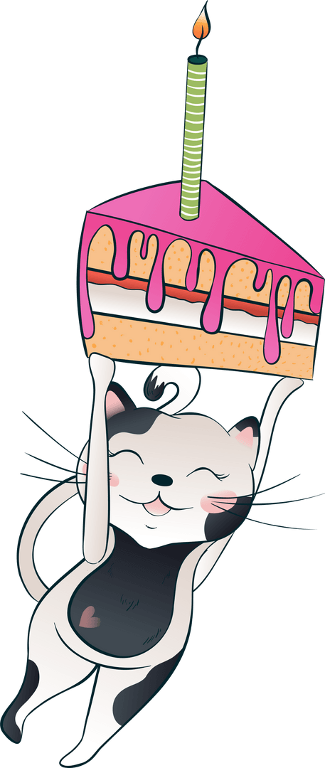 Joyful Cat Holding Cake Slice with Pink Icing on Transparent