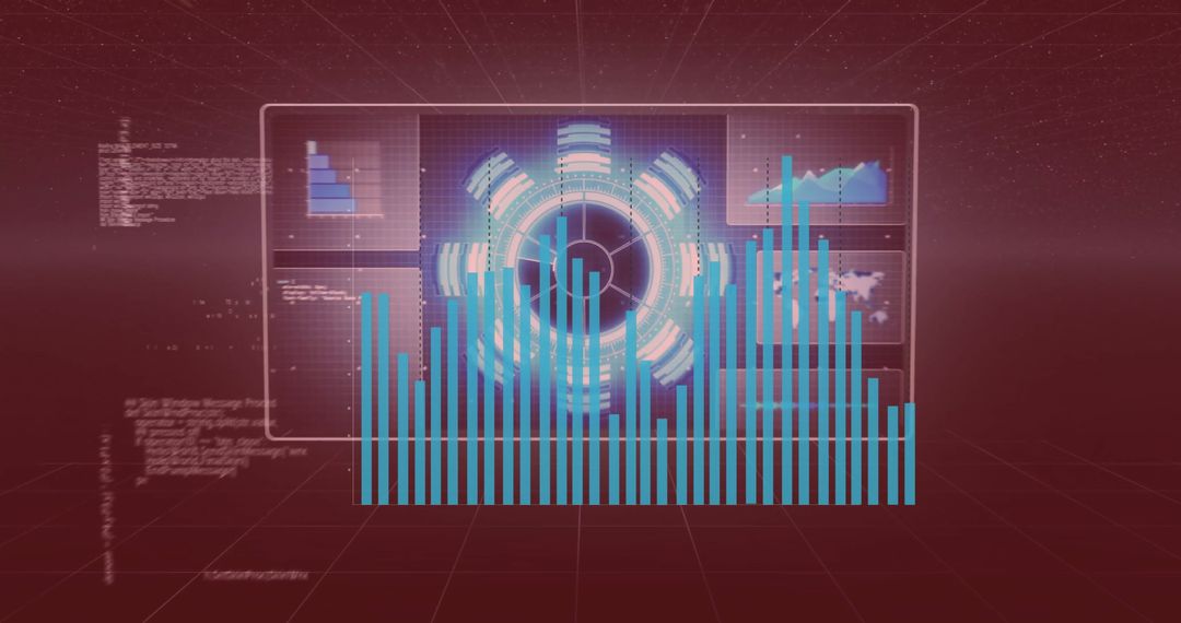 Futuristic data visualization interface with hub and bar graphs