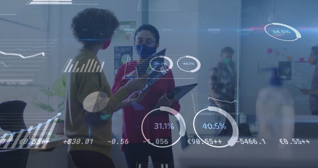 Colleagues Analyzing Data with Digital Overlay in Office