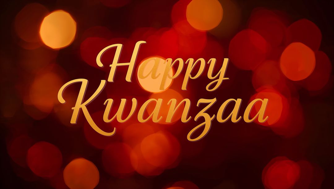 Happy Kwanzaa Gold Script on Red Orange Bokeh Background for Festive Holiday Greeting Card