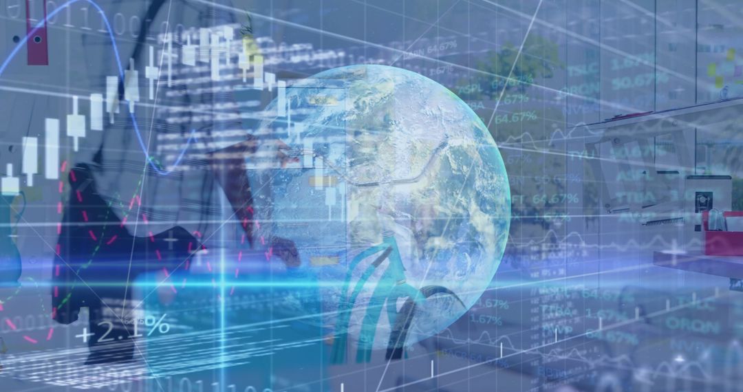 Digital World Concept with Data Overlay on Businessman in Office