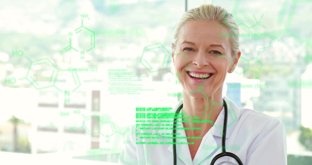 Smiling Female Doctor with Scientific Data in Overlay