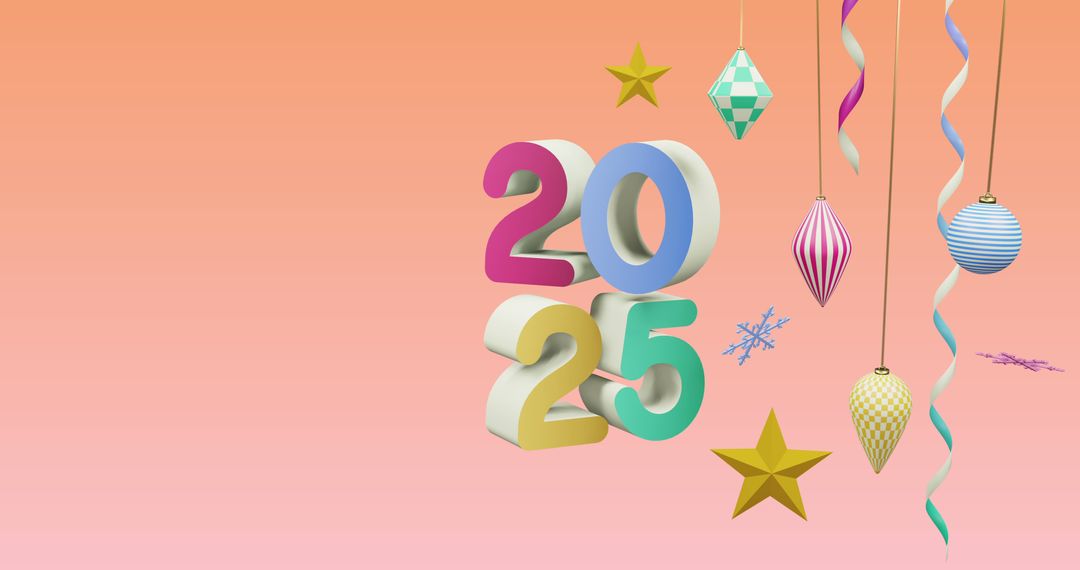 Colorful 2025 design with festive decorations on pink background