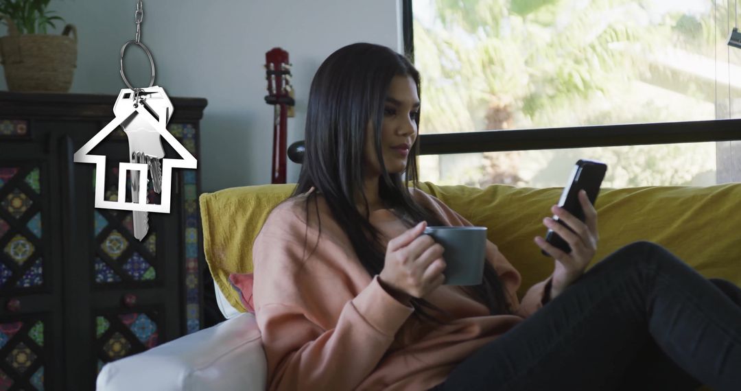 Woman Relaxing with Smartphone at Home with House Key Overlay