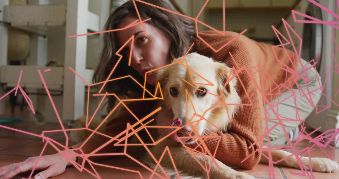 Woman Hugging Cream Dog on Warm Tile Floor in Cozy Home