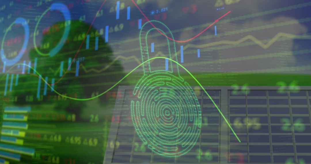 Digital Padlock Overlaying Financial Data and Solar Panels