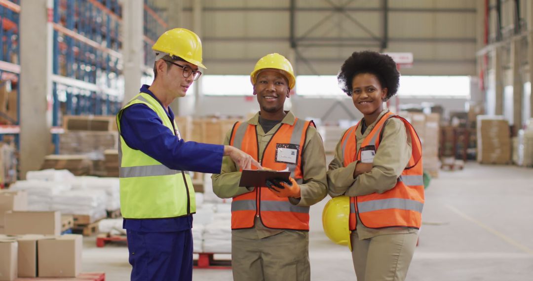 Diverse Team Conducting Warehouse Inventory Check with Digital Tablet