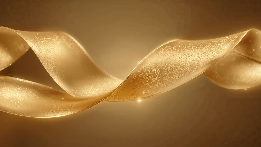 Twisting Ornate Golden Ribbon Gliding with Sparkling Particles and Soft Flares