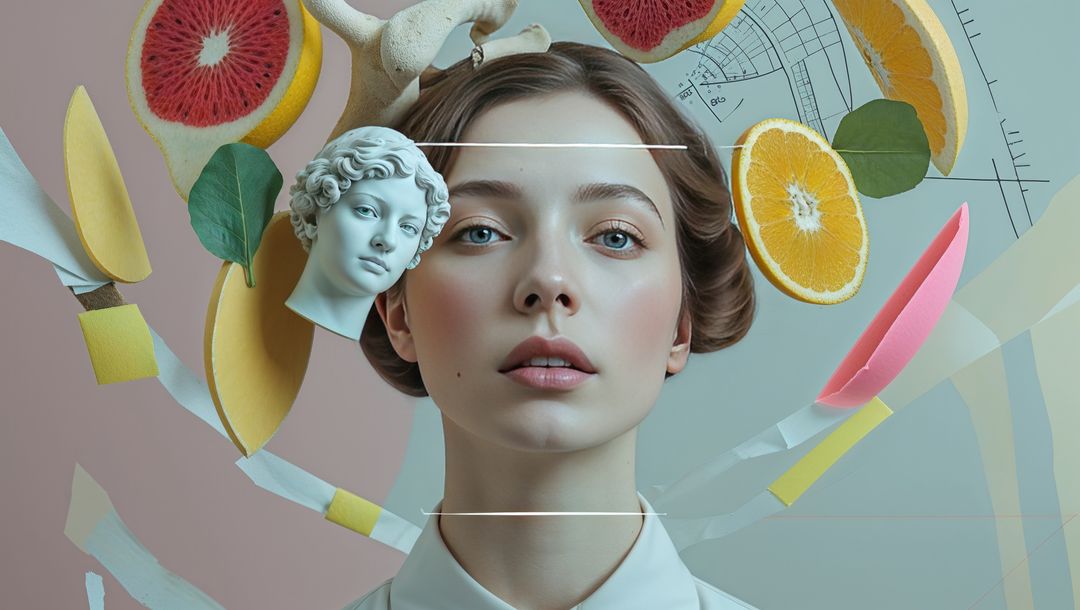 Surreal Portrait of Woman with Floating Elements, Minimalist Art