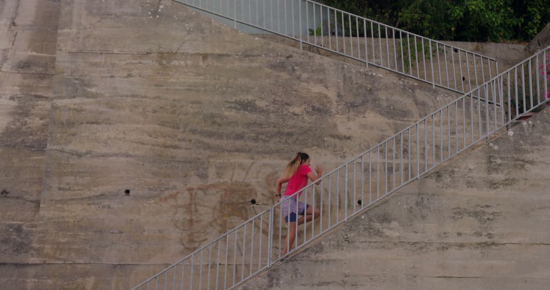 Woman Running Up Outdoor Staircase in Pink Shirt - Free Images, Stock Photos and Pictures on Pikwizard.com