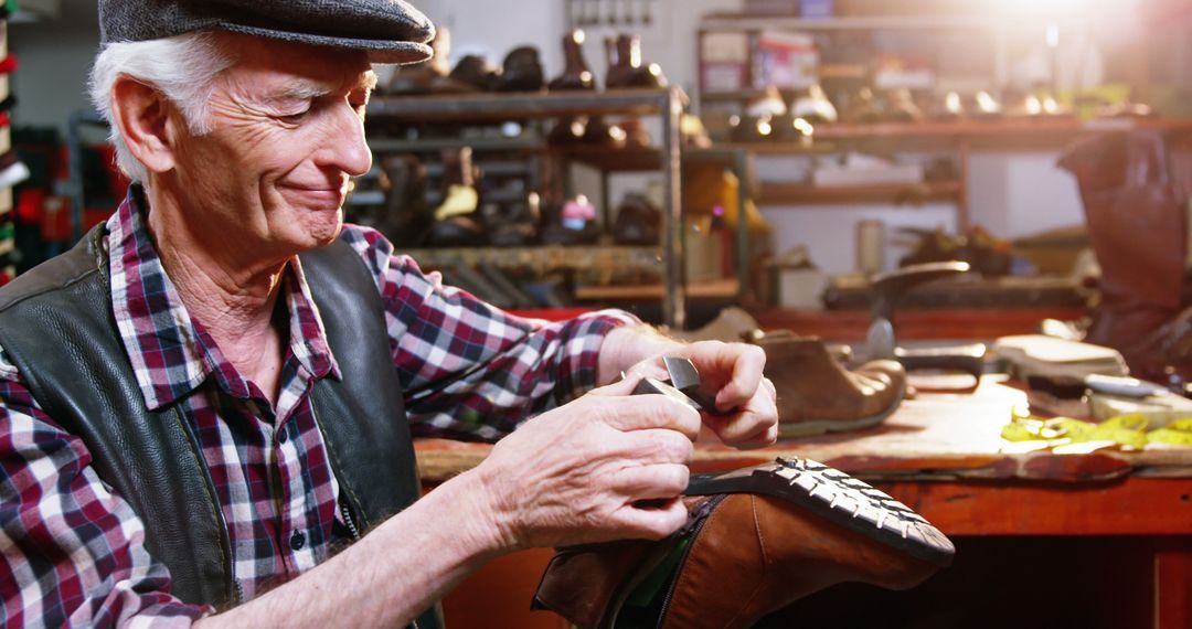 Skilled Senior Shoemaker Repairing Leather Footwear in Workshop - Free Images, Stock Photos and Pictures on Pikwizard.com