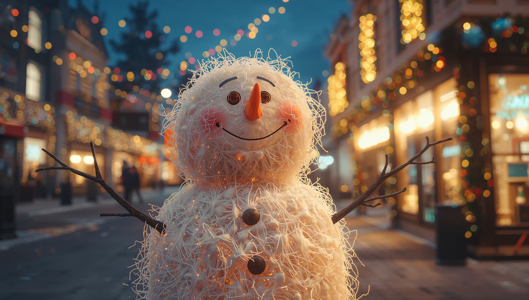 Festive Snowman with String Lights on Wintery Shopping Street