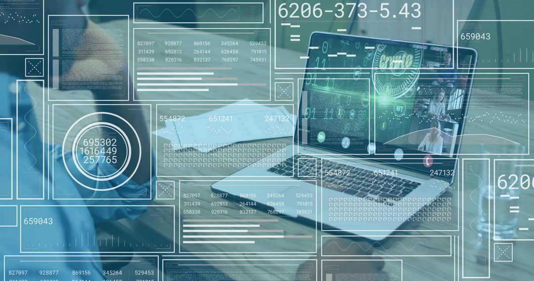 Remote team collaborating on laptop video conference with futuristic data HUD and analytics