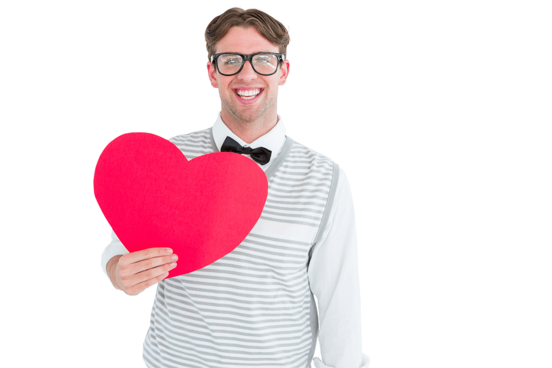 Geeky Hipster with Glasses Holds Red Heart Card on Transparent Background