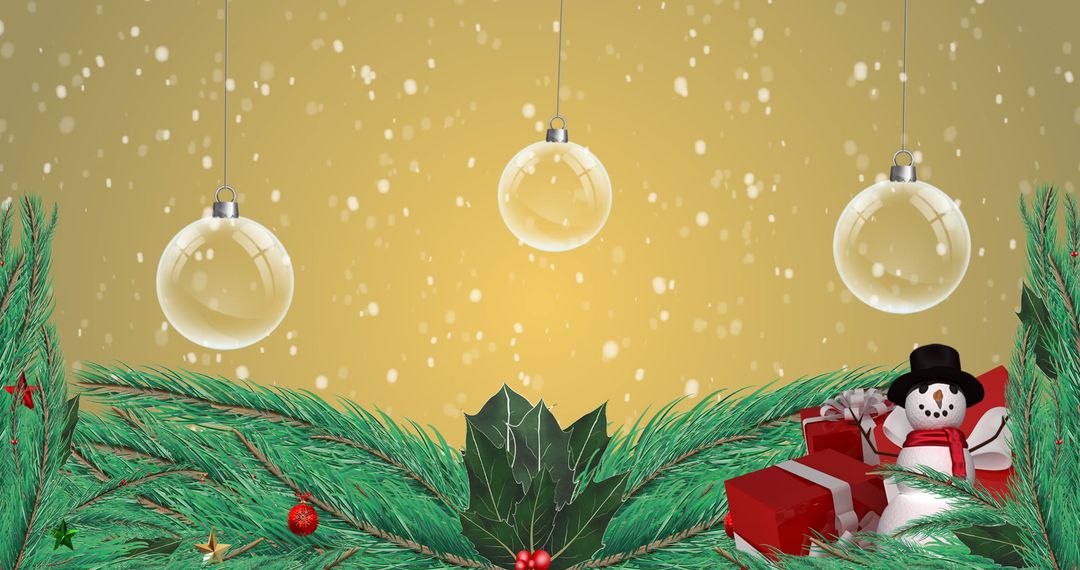 Festive Christmas Scene with Baubles and Snowman on Yellow Background
