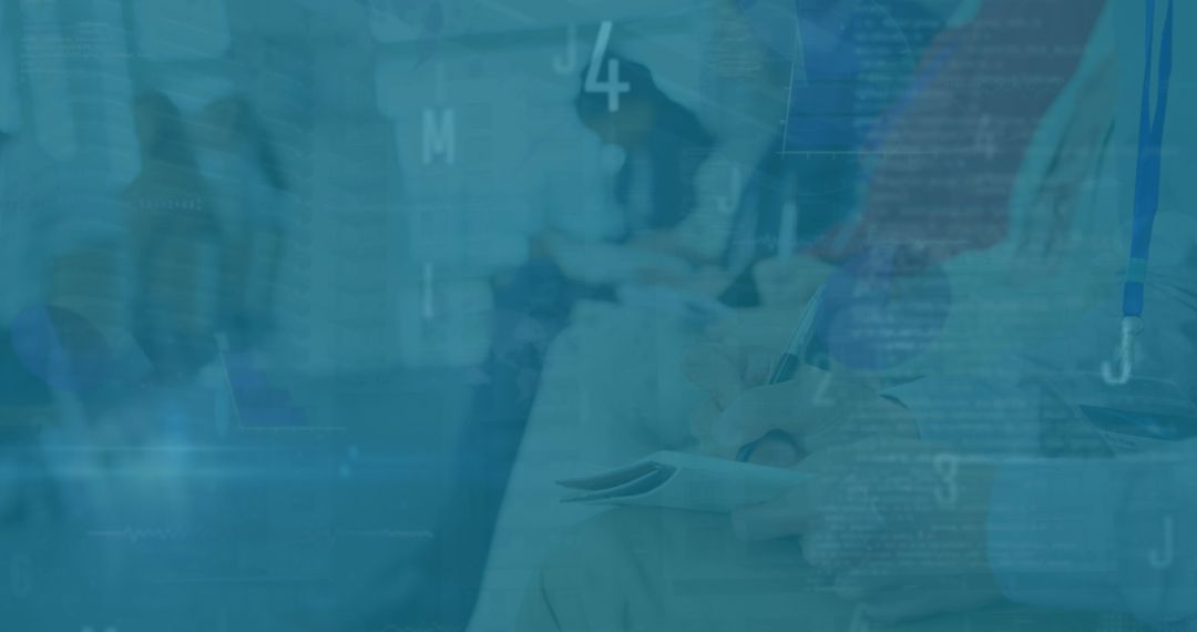 Businessman Taking Notes with Data Graphics Overlay