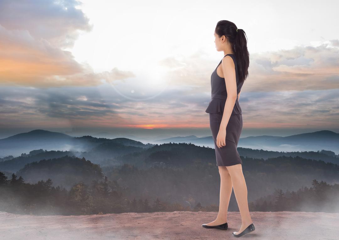 Businesswoman Overlooking Mountain Sunset in Digital Composite - Free Images, Stock Photos and Pictures on Pikwizard.com