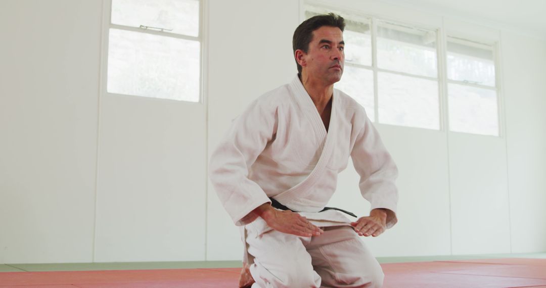 Martial Arts Practitioner Kneeling in Traditional Dojo - Free Images, Stock Photos and Pictures on Pikwizard.com