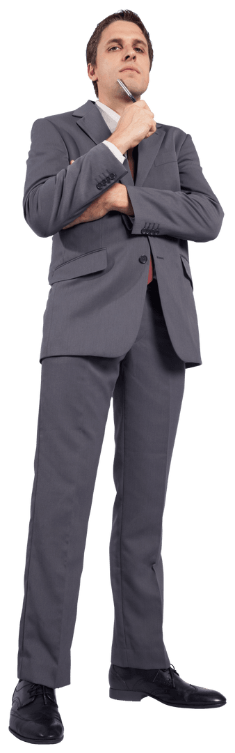 Transparent Businessman Holding Pen with Thoughtful Expression