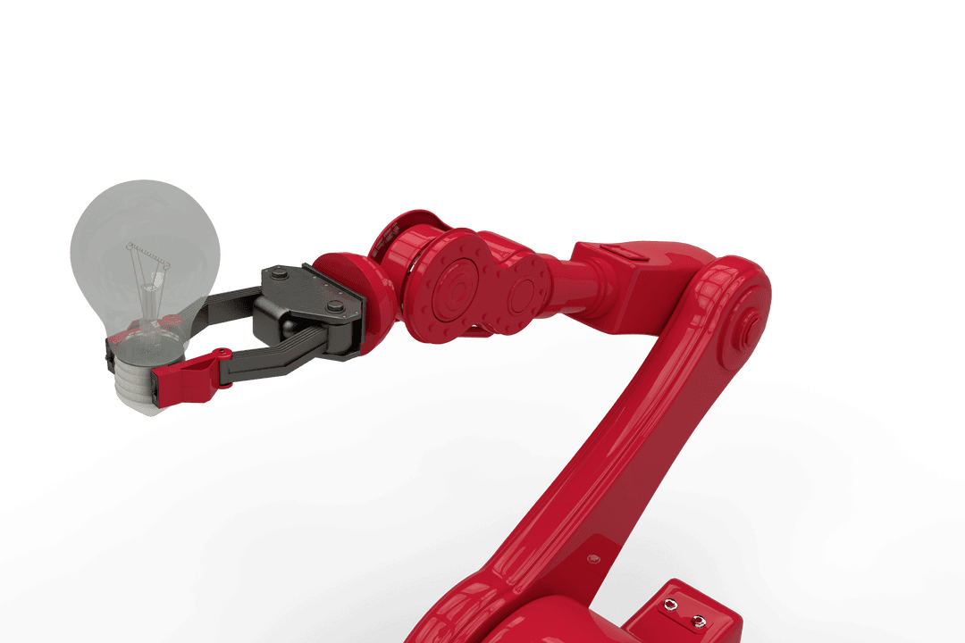 Red Robotic Arm Holding Bulb on Transparent Background Illustration