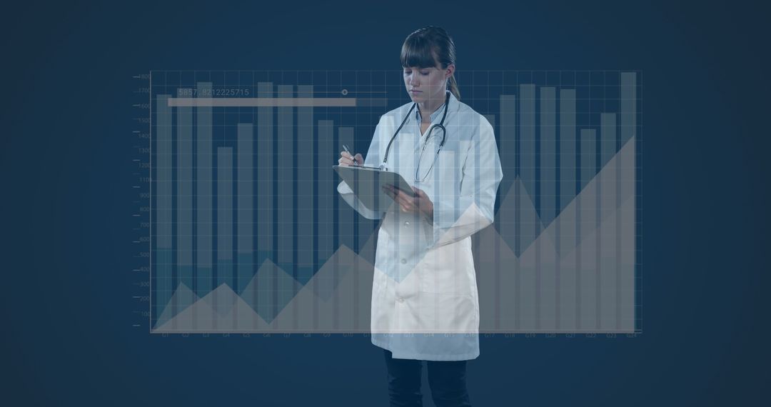 Female Doctor Analyzing Data with Virtual Bar Graph