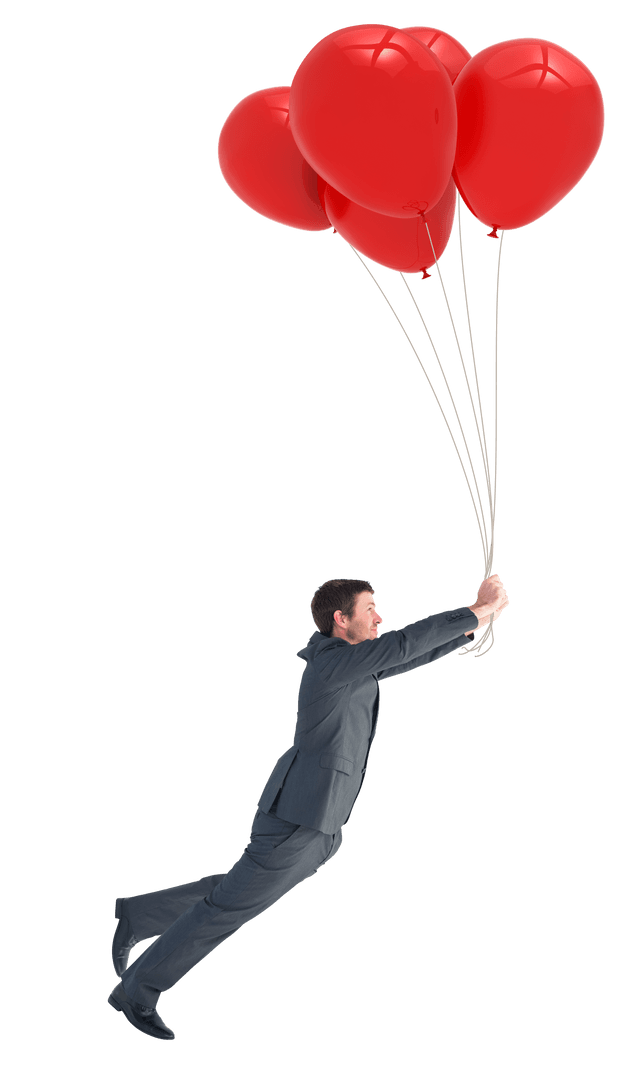 Transparent Businessman Floating Holding Red Balloons