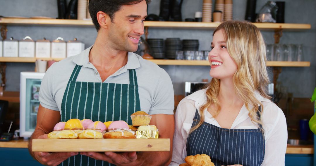 Smiling Male and Female Baristas Holding Bakery Goods in Cafe - Free Images, Stock Photos and Pictures on Pikwizard.com