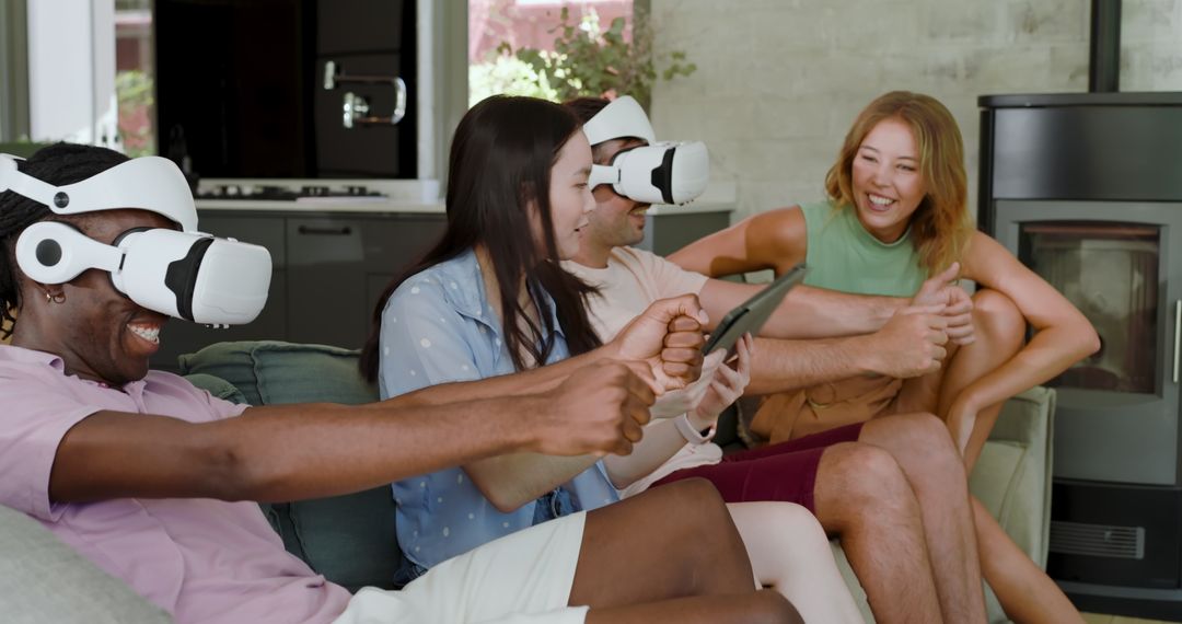 Diverse Group of Friends Immersed in Virtual Reality Gaming Fun