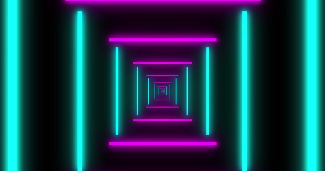 Neon Tunnel with Green and Purple Glowing Lines on Dark Background