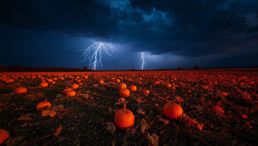 Vibrant Pumpkin Field Illuminated by Night Lightning