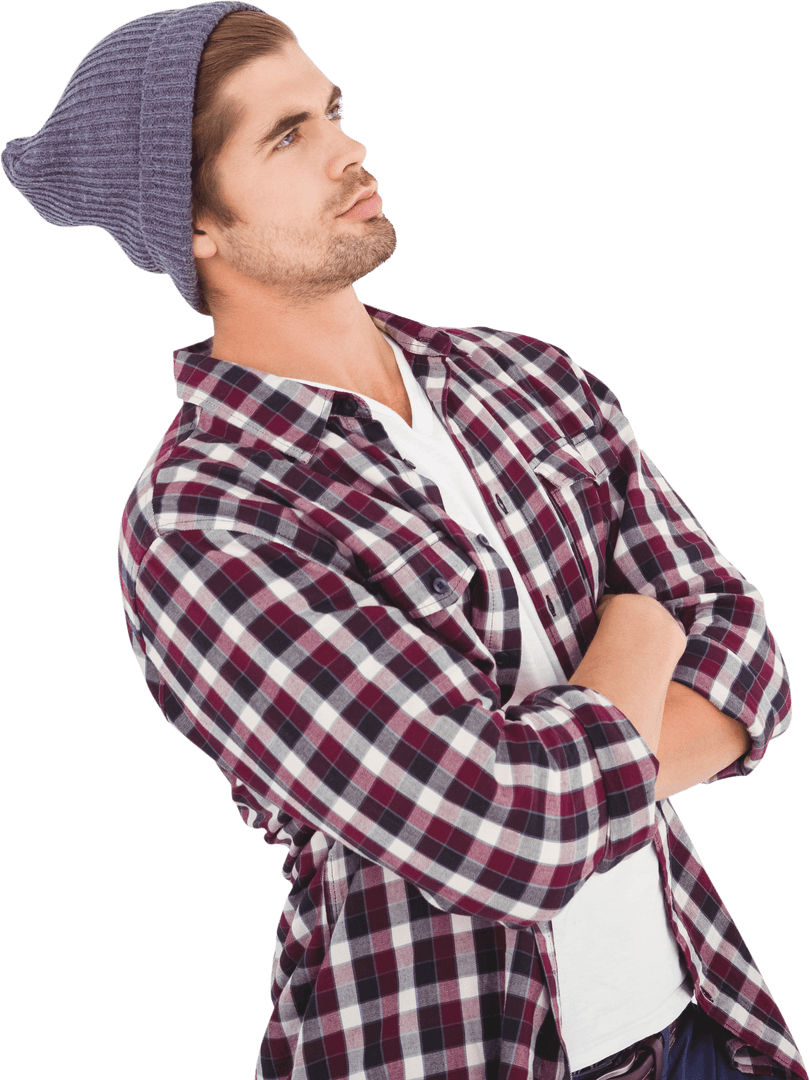 Casual Young Man in Beanie Looking Up on Transparent Background