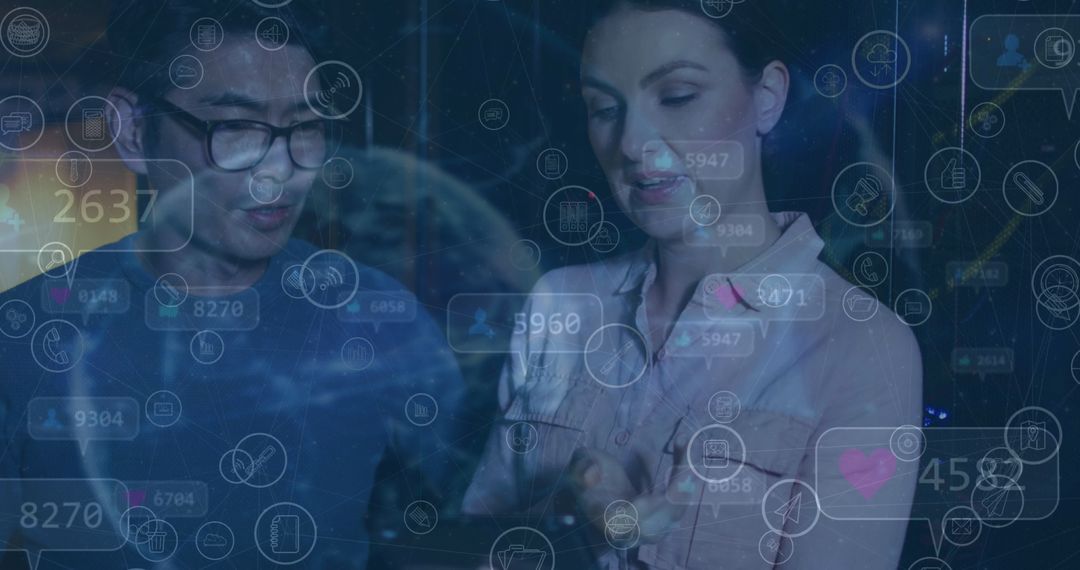 Diverse IT Professionals with Social Media Overlay in Data Center