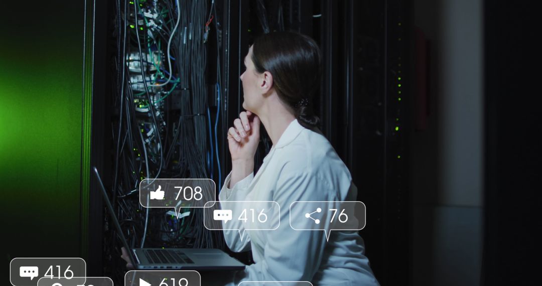 Female IT Technician Monitoring Data Server with Social Media Overlay
