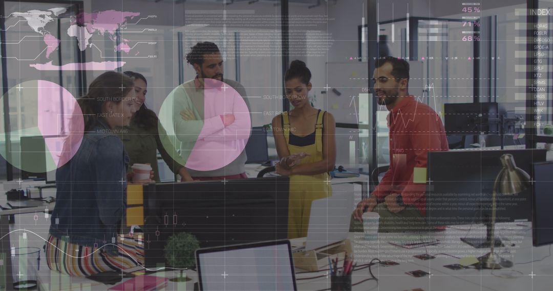 Diverse Business Team Analyzing Financial Data with Digital Overlay in Office