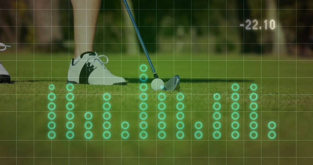 Golfer Aligning Putt on Green with Grid Overlay and Metrics
